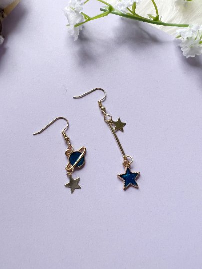 Celestial statement earrings | Blue moon and stars earrings | Galaxy planets dangle earrings | Gold hanging earrings | Korean earrings - TuttyKnitty