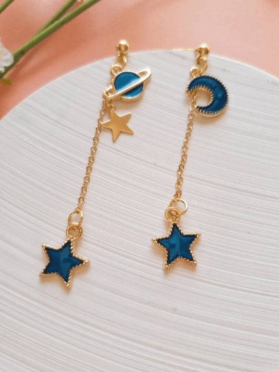 Celestial statement earrings | Blue moon and stars earrings | Galaxy planets dangle earrings | Gold hanging earrings | Korean earrings - TuttyKnitty