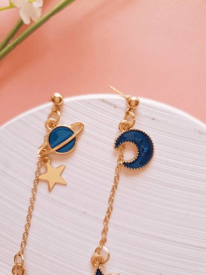 Celestial statement earrings | Blue moon and stars earrings | Galaxy planets dangle earrings | Gold hanging earrings | Korean earrings - TuttyKnitty