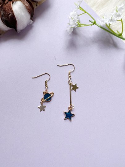 Celestial statement earrings | Blue moon and stars earrings | Galaxy planets dangle earrings | Gold hanging earrings | Korean earrings - TuttyKnitty