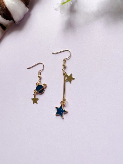 Celestial statement earrings | Blue moon and stars earrings | Galaxy planets dangle earrings | Gold hanging earrings | Korean earrings - TuttyKnitty