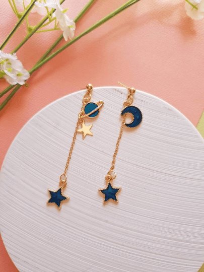 Celestial statement earrings | Blue moon and stars earrings | Galaxy planets dangle earrings | Gold hanging earrings | Korean earrings - TuttyKnitty