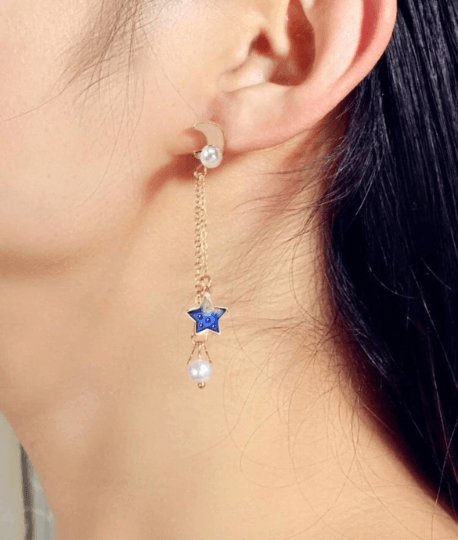 Celestial statement earrings | Blue moon and stars earrings | Galaxy planets dangle earrings | Gold hanging Korean aesthetic earrings - TuttyKnitty