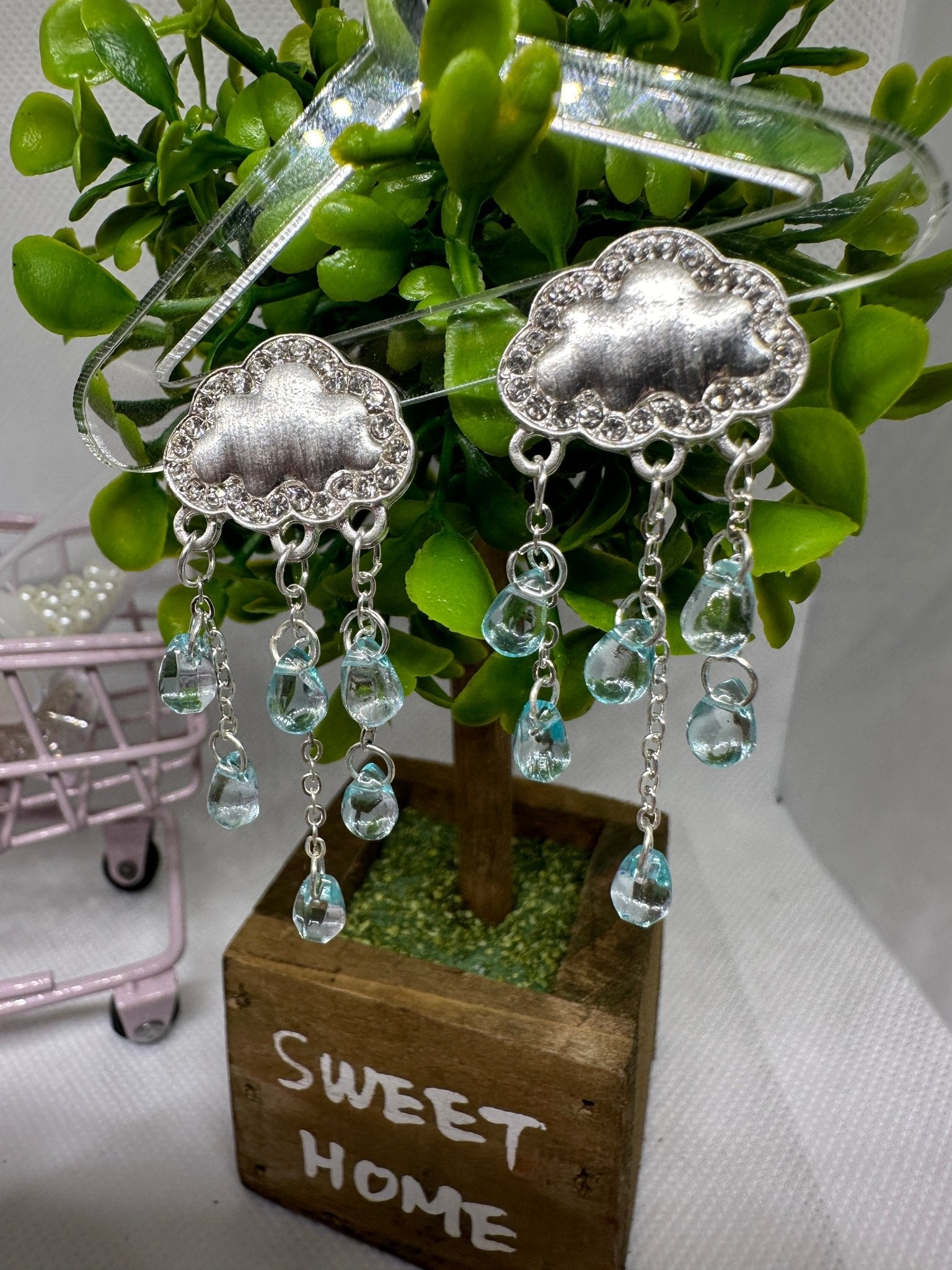 Celestial statement earrings | cloud and rain rhinestone beads earrings | Galaxy dangle earrings | clear white stormy cloud - TuttyKnitty