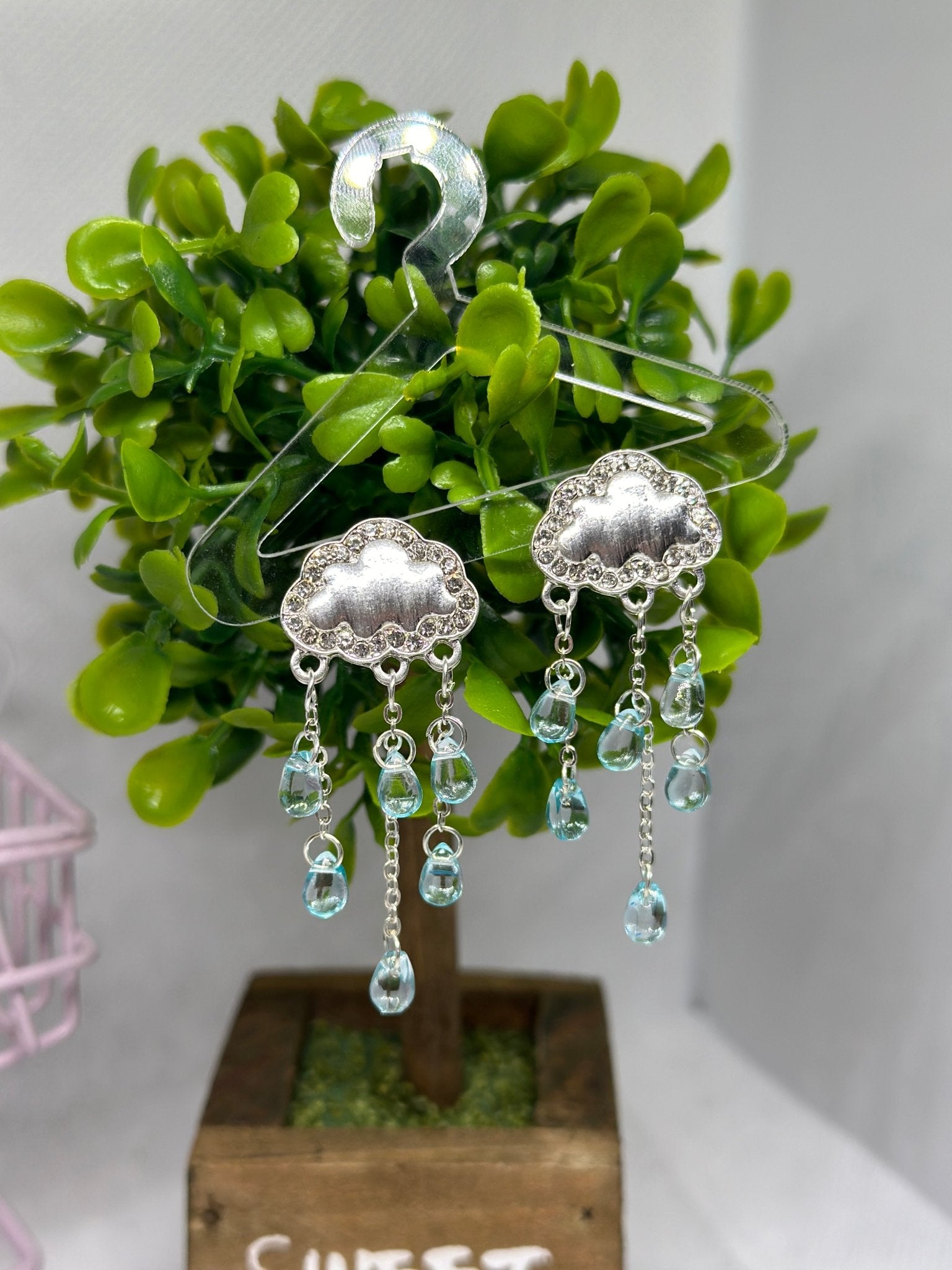 Celestial statement earrings | cloud and rain rhinestone beads earrings | Galaxy dangle earrings | clear white stormy cloud - TuttyKnitty