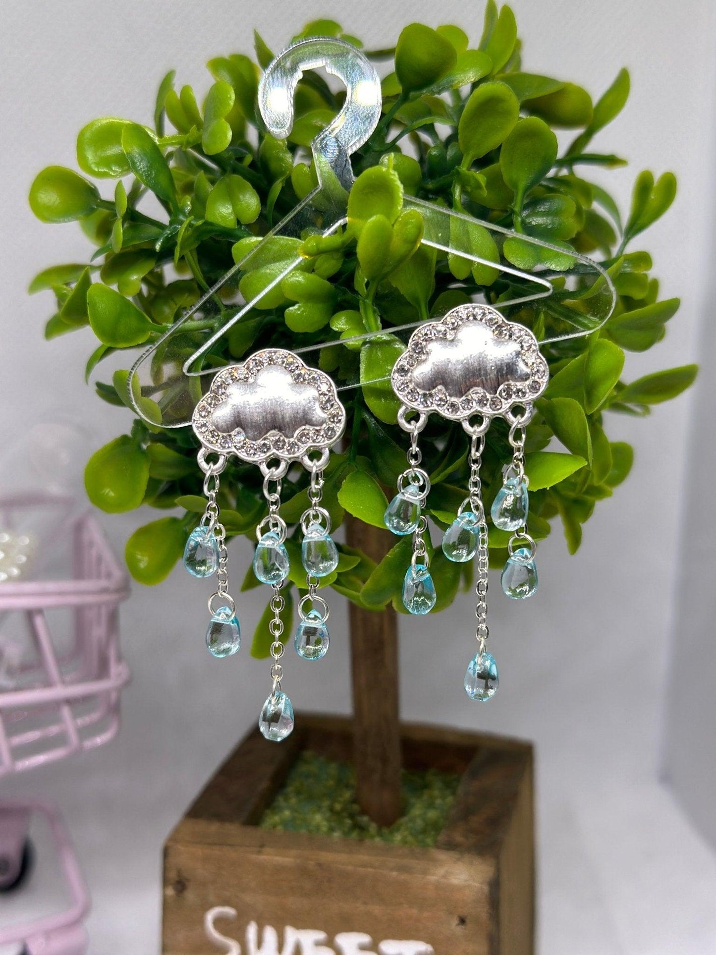 Celestial statement earrings | cloud and rain rhinestone beads earrings | Galaxy dangle earrings | clear white stormy cloud - TuttyKnitty