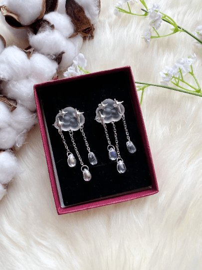 Celestial statement earrings | cloud and stars rhinestone beads earrings | Galaxy dangle earrings | clear white stormy cloud - TuttyKnitty