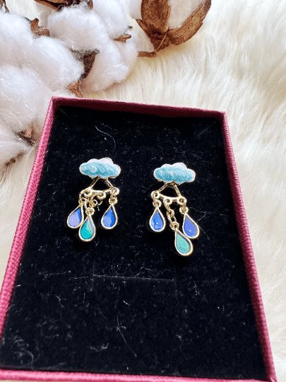 Celestial statement earrings | cloud and thunder rhinestone beads earrings | Galaxy dangle earrings | enamel white stormy cloud - TuttyKnitty