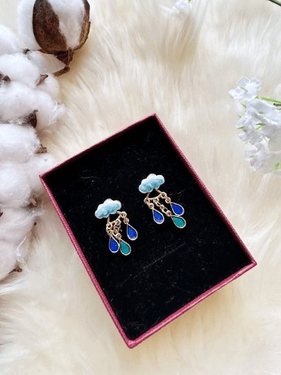 Celestial statement earrings | cloud and thunder rhinestone beads earrings | Galaxy dangle earrings | enamel white stormy cloud - TuttyKnitty