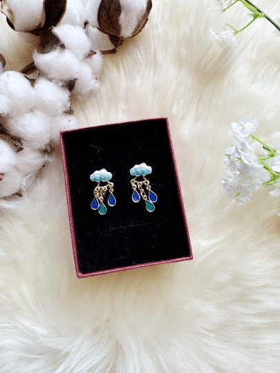 Celestial statement earrings | cloud and thunder rhinestone beads earrings | Galaxy dangle earrings | enamel white stormy cloud - TuttyKnitty