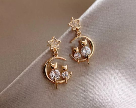 Celestial statement earrings | mummy baby cat moon stars earrings | Galaxy dangle earrings | Gold rhinestone earrings | cat minimalist - TuttyKnitty