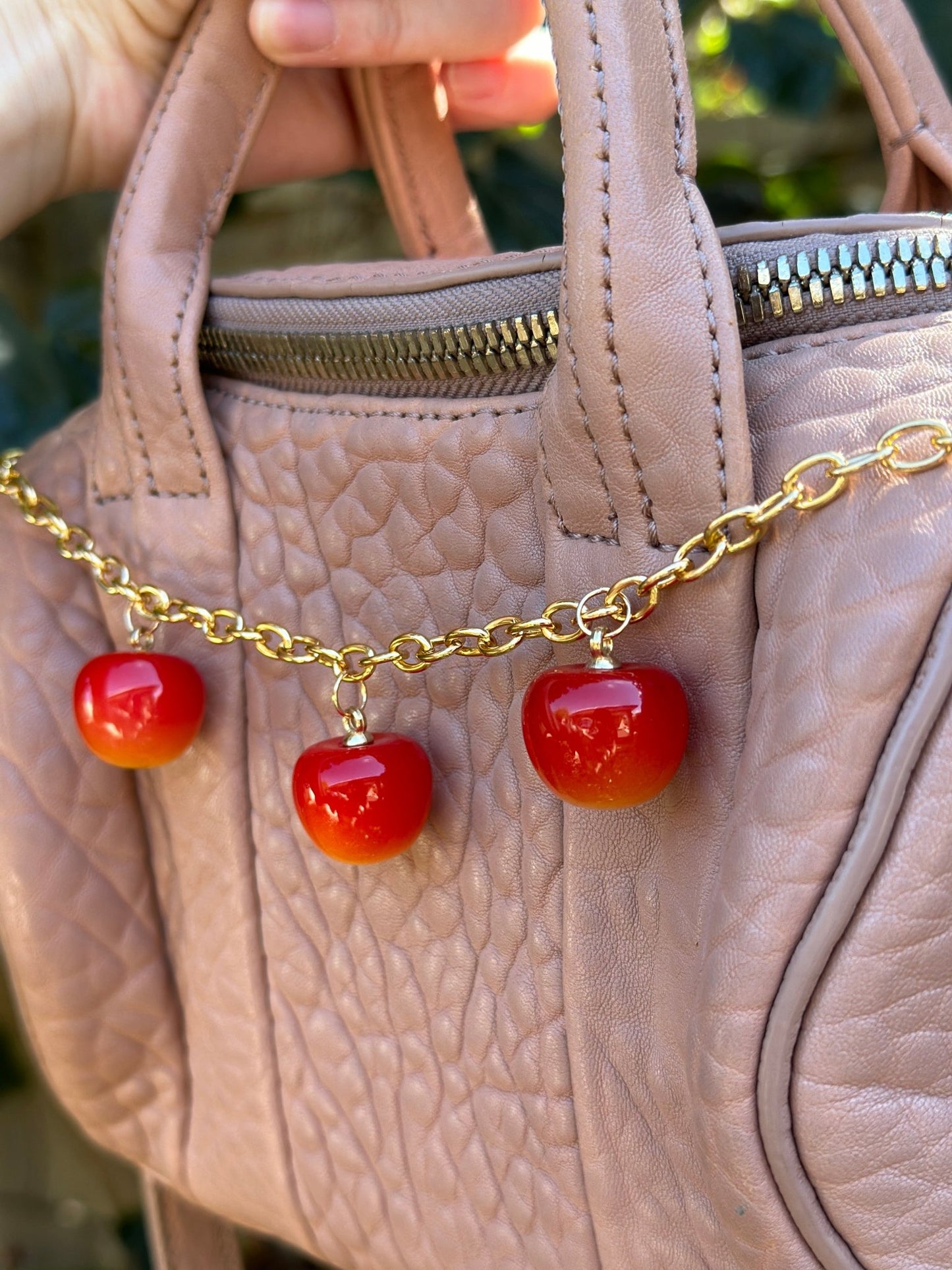 Cherry bag charm | key chain | golden chain with heart bucket | y2k chain | bag lover gift - TuttyKnitty