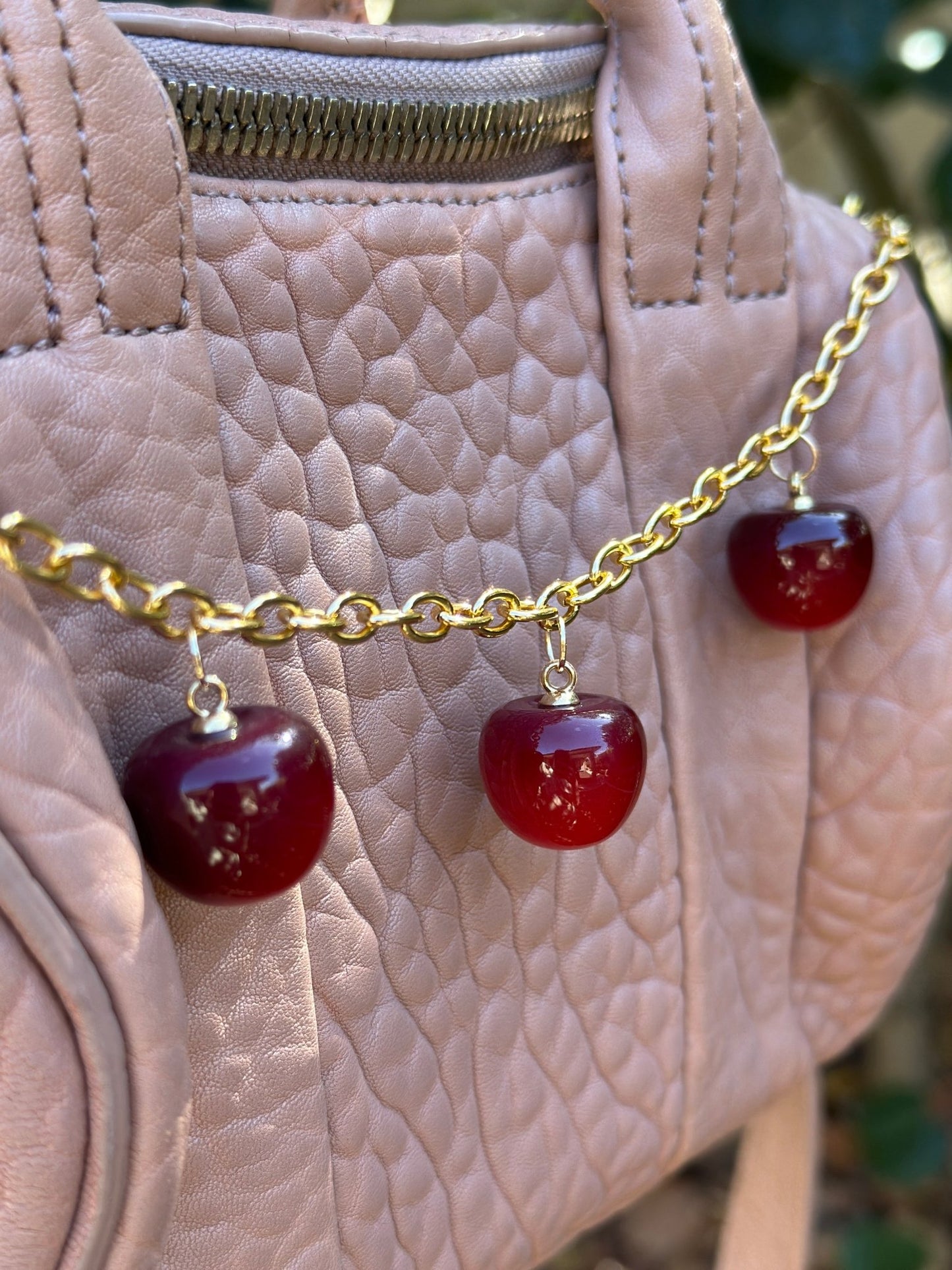 Cherry bag charm | key chain | golden chain with heart bucket | y2k chain | bag lover gift - TuttyKnitty