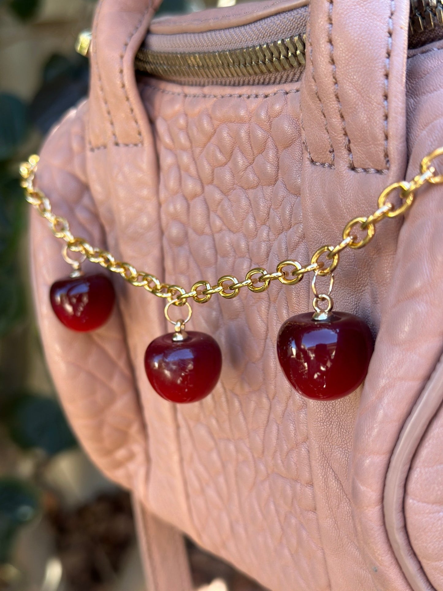 Cherry bag charm | key chain | golden chain with heart bucket | y2k chain | bag lover gift - TuttyKnitty