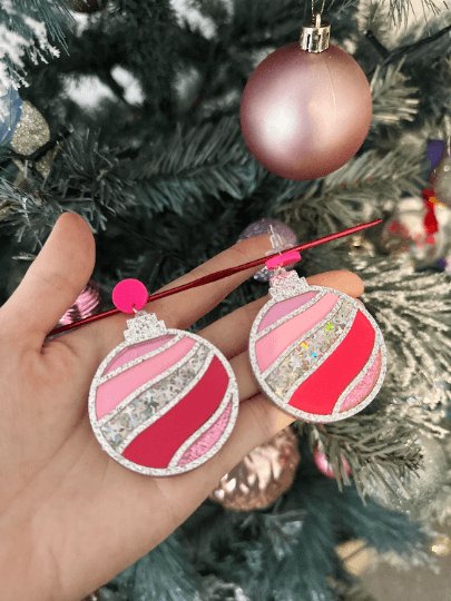 Christmas baubles earrings | glitter laser cut | rainbow confetti snowflake earrings | christmas gift - TuttyKnitty