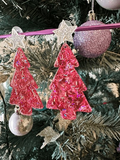 Christmas tree earrings | light acetate laser cut | rainbow confetti snowflake earrings | christmas gift - TuttyKnitty