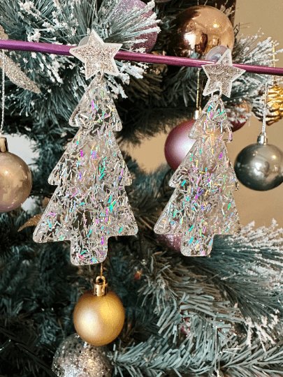 Christmas tree earrings | light acetate laser cut | rainbow confetti snowflake earrings | christmas gift - TuttyKnitty