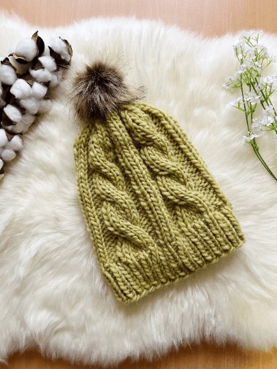 Chunky faux fur pompom cable knit hat | knit winter beanie | cozy warm knit hat |lime green colour hat - TuttyKnitty