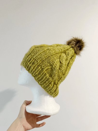 Chunky faux fur pompom cable knit hat | knit winter beanie | cozy warm knit hat |lime green colour hat - TuttyKnitty