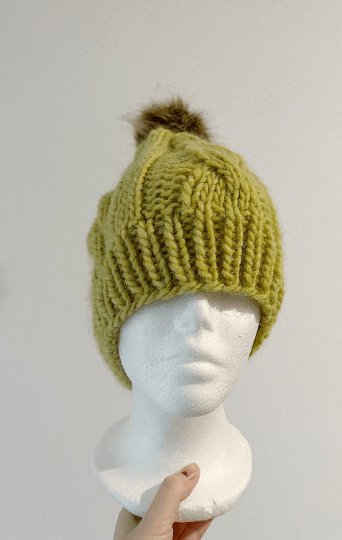 Chunky faux fur pompom cable knit hat | knit winter beanie | cozy warm knit hat |lime green colour hat - TuttyKnitty