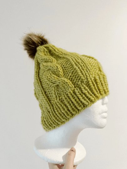 Chunky faux fur pompom cable knit hat | knit winter beanie | cozy warm knit hat |lime green colour hat - TuttyKnitty