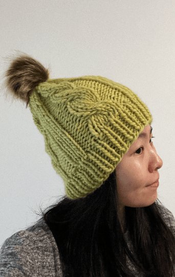 Chunky faux fur pompom cable knit hat | knit winter beanie | cozy warm knit hat |lime green colour hat - TuttyKnitty