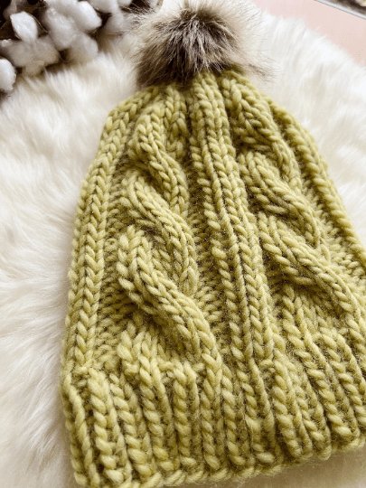 Chunky faux fur pompom cable knit hat | knit winter beanie | cozy warm knit hat |lime green colour hat - TuttyKnitty