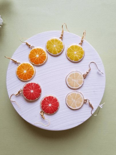 Citrus fruit earrings | fruit lover earrings | food earrings | cute kawaii earrings | fun art earrings | gold lemon grapefruit oranges - TuttyKnitty