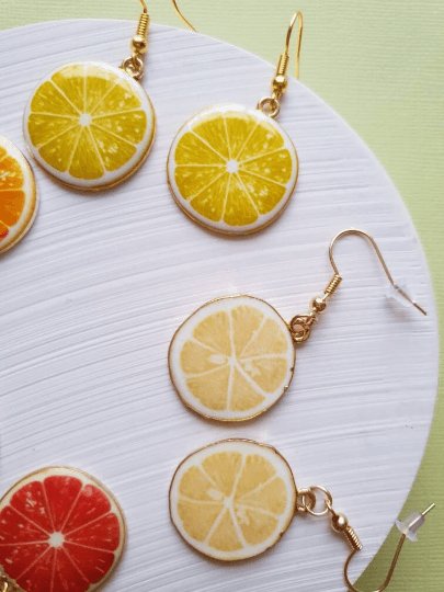 Citrus fruit earrings | fruit lover earrings | food earrings | cute kawaii earrings | fun art earrings | gold lemon grapefruit oranges - TuttyKnitty