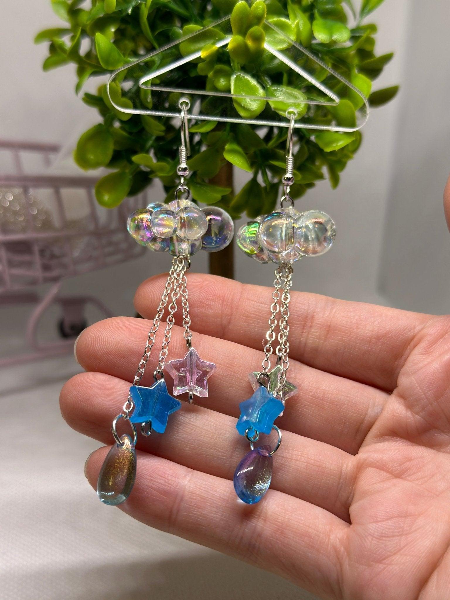 Clear 3D cloud earrings | raindrops hologram iridescent earrings | Galaxy dangle earrings | shinny oversize earrings - TuttyKnitty