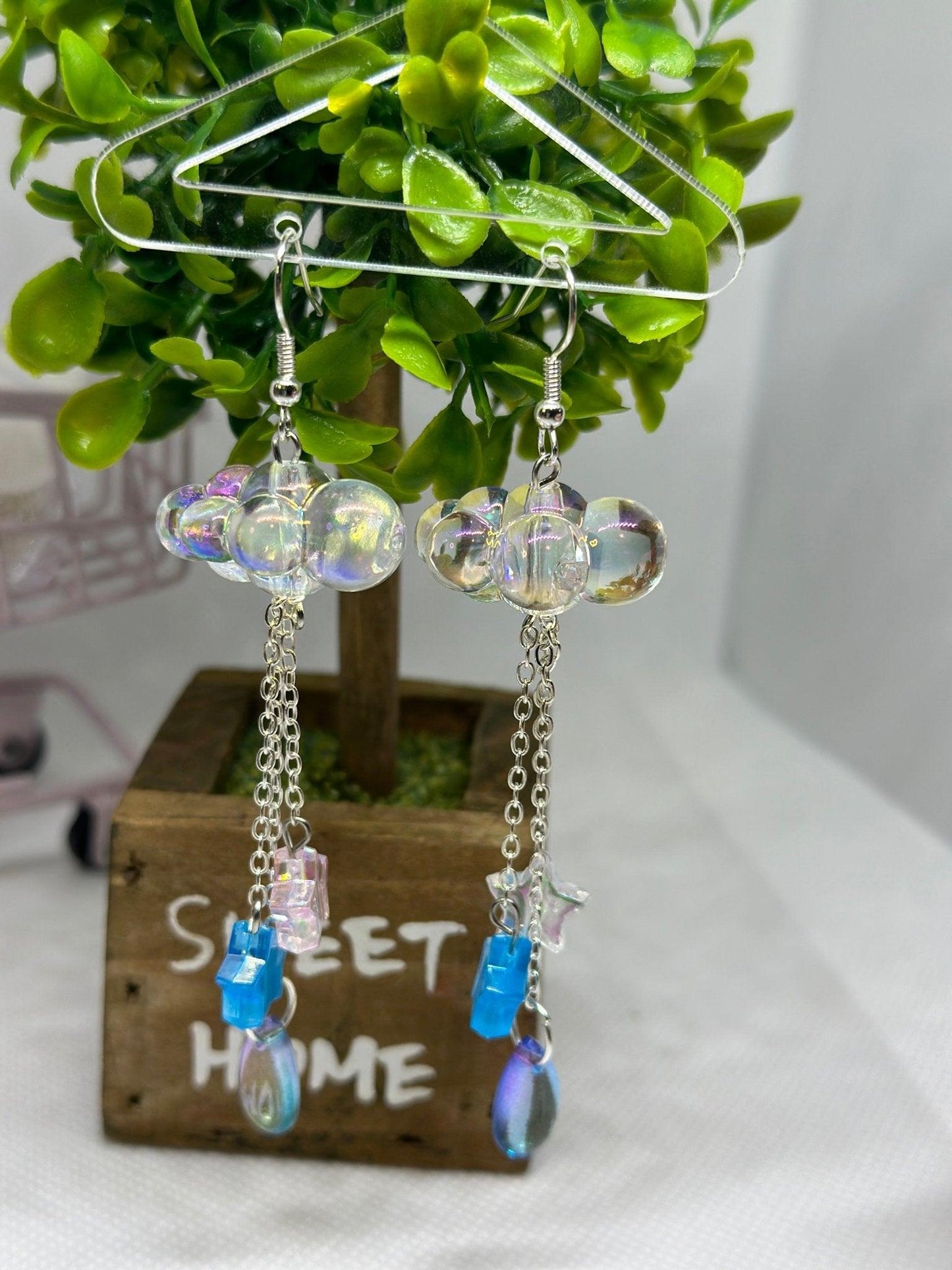 Clear 3D cloud earrings | raindrops hologram iridescent earrings | Galaxy dangle earrings | shinny oversize earrings - TuttyKnitty