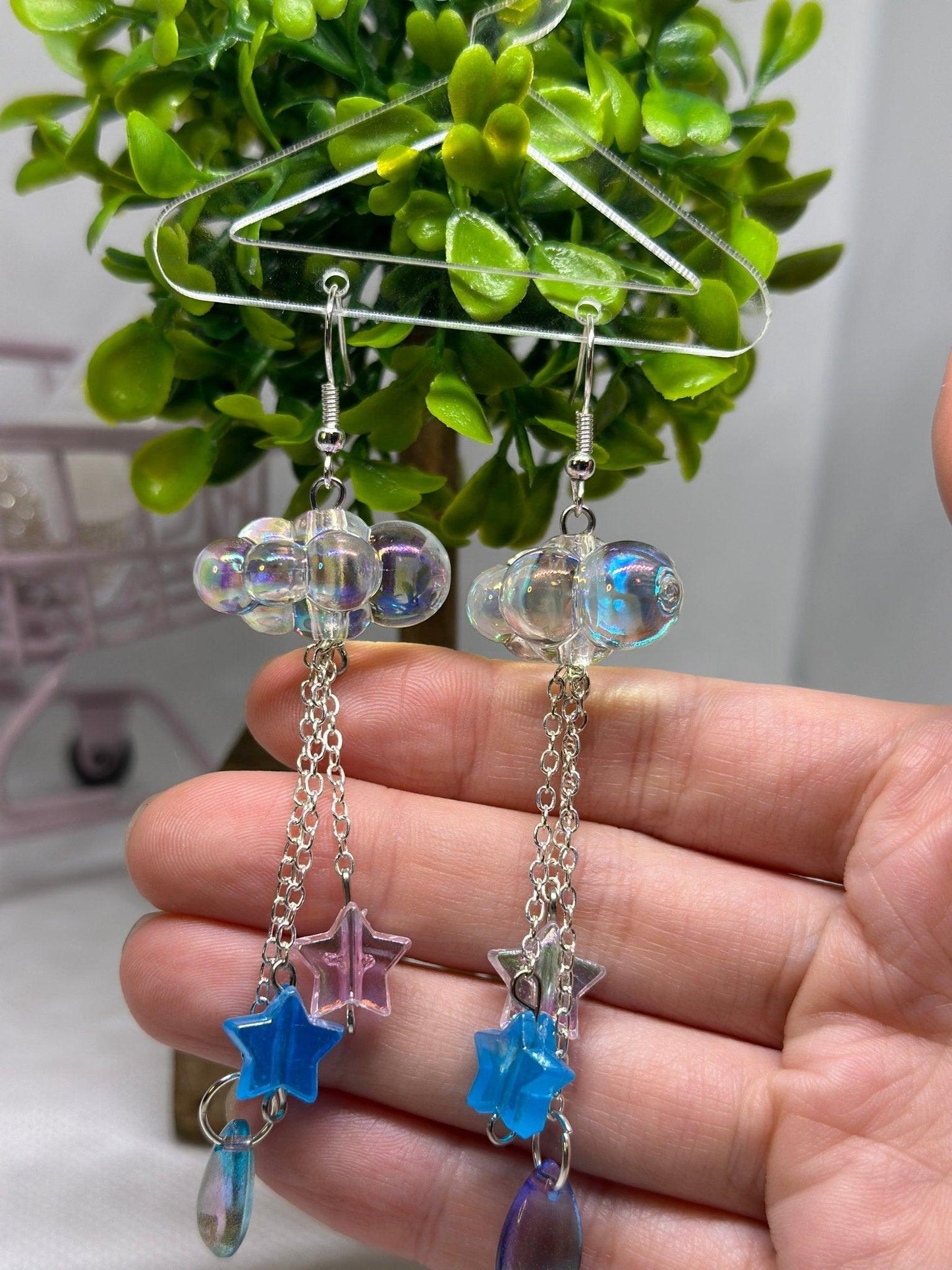 Clear 3D cloud earrings | raindrops hologram iridescent earrings | Galaxy dangle earrings | shinny oversize earrings - TuttyKnitty