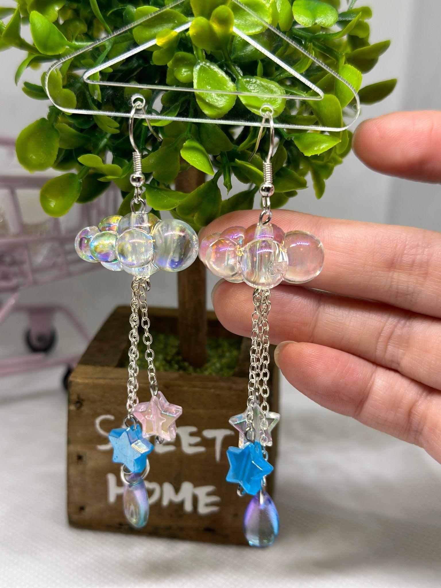 Clear 3D cloud earrings | raindrops hologram iridescent earrings | Galaxy dangle earrings | shinny oversize earrings - TuttyKnitty