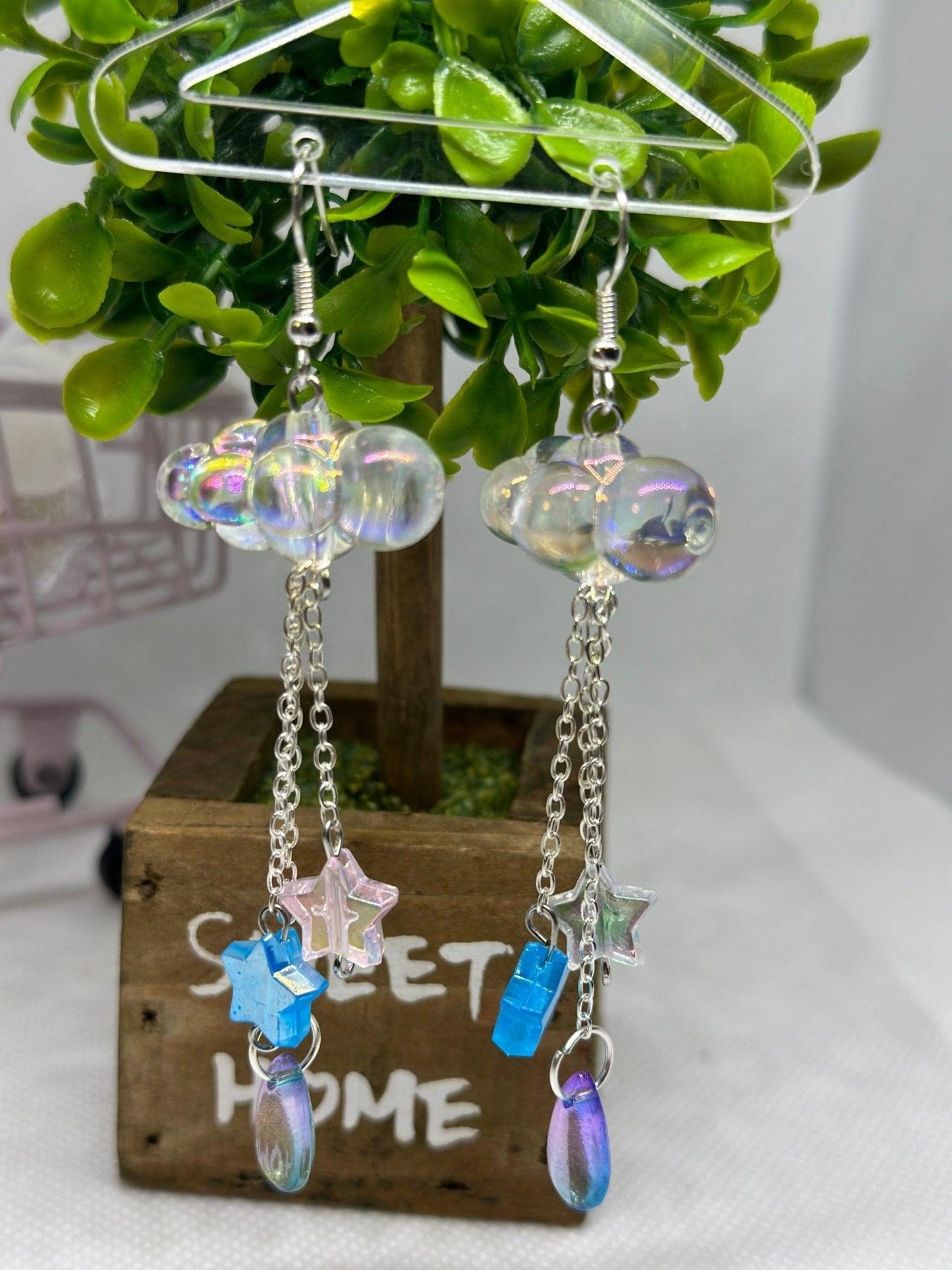 Clear 3D cloud earrings | raindrops hologram iridescent earrings | Galaxy dangle earrings | shinny oversize earrings - TuttyKnitty