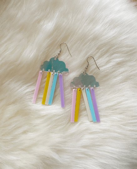 Cloud thunderstorm earrings | rainbow rain earrings | Galaxy planets dangle earrings | aesthetic iridescent clear acetate hologram - TuttyKnitty