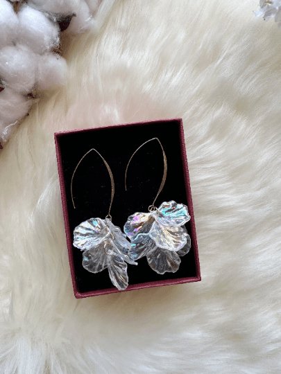 Colourful iridescent flower earrings | gold pearlescent shell petals dangle earrings |unique floral earrings | bridal party wedding earrings - TuttyKnitty