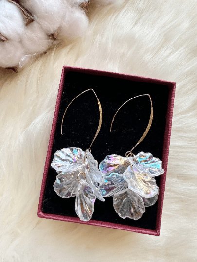 Colourful iridescent flower earrings | gold pearlescent shell petals dangle earrings |unique floral earrings | bridal party wedding earrings - TuttyKnitty