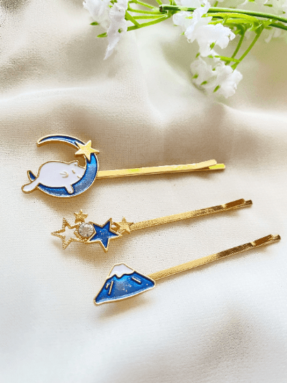 Colourful kitty hair clips| sleepy cat on moon | glitter blue star and cloud celestial korean style | enamel glitters hair pin |cat lover gift - TuttyKnitty