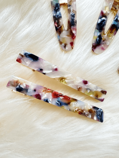 Colourful resin tortoise shell barrette clips in pairs | foil glitter flecks hair clips | confetti bright rainbow multicolour acetate clip - TuttyKnitty