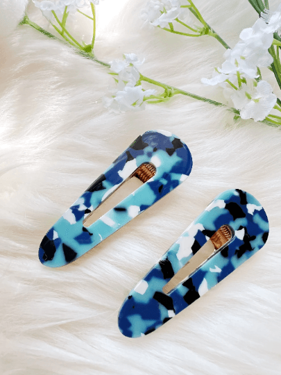 Colourful resin tortoise shell barrette clips in pairs | marble effect hair clips | confetti bright aqua blue acetate hair clip - TuttyKnitty