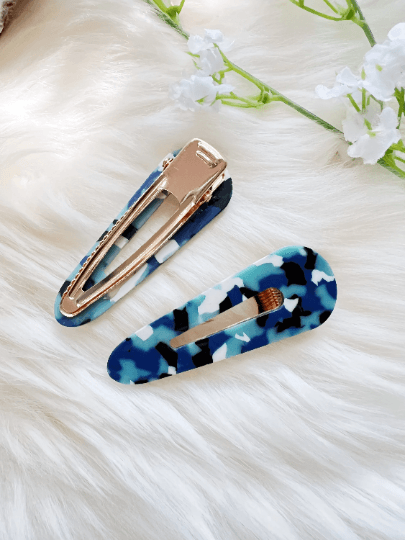 Colourful resin tortoise shell barrette clips in pairs | marble effect hair clips | confetti bright aqua blue acetate hair clip - TuttyKnitty