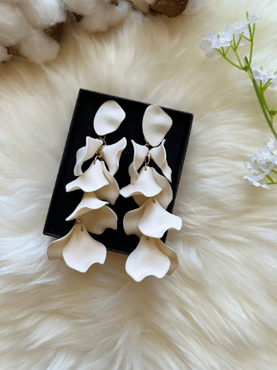 Cream white flowers earrings | frosted petals hoop earrings | statement earrings | floral bridal party wedding earrings - TuttyKnitty