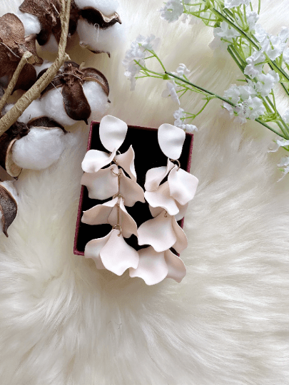 Cream white flowers earrings | frosted petals hoop earrings | statement earrings | floral bridal party wedding earrings - TuttyKnitty