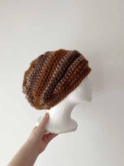 Crochet Brown Slouchy Beanie | Bobble Beret | Slouchy Hat in neutral earth tone colour| Knit beanie in brown mix | Knit winter hat - TuttyKnitty