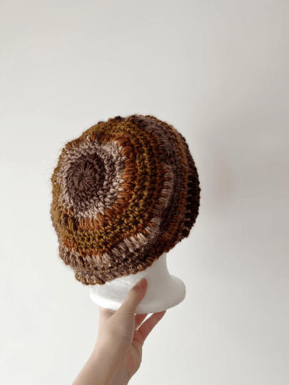 Crochet Brown Slouchy Beanie | Bobble Beret | Slouchy Hat in neutral earth tone colour| Knit beanie in brown mix | Knit winter hat - TuttyKnitty