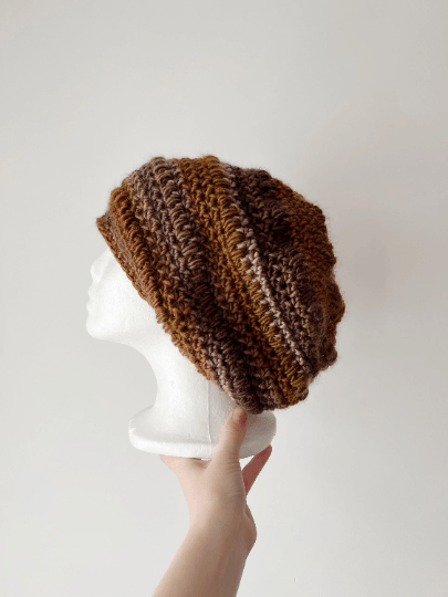 Crochet Brown Slouchy Beanie | Bobble Beret | Slouchy Hat in neutral earth tone colour| Knit beanie in brown mix | Knit winter hat - TuttyKnitty