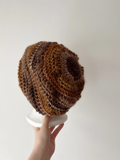 Crochet Brown Slouchy Beanie | Bobble Beret | Slouchy Hat in neutral earth tone colour| Knit beanie in brown mix | Knit winter hat - TuttyKnitty