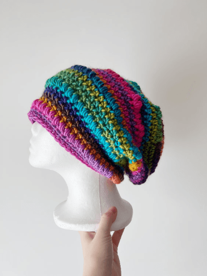 Crochet rainbow Slouchy Beanie | Bobble Beret | Slouchy Hat in bright vibrant pop candy colour| Knit beanie in rainbow mix | Knit winter hat - TuttyKnitty