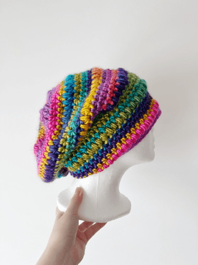 Crochet rainbow Slouchy Beanie | Bobble Beret | Slouchy Hat in bright vibrant pop candy colour| Knit beanie in rainbow mix | Knit winter hat - TuttyKnitty