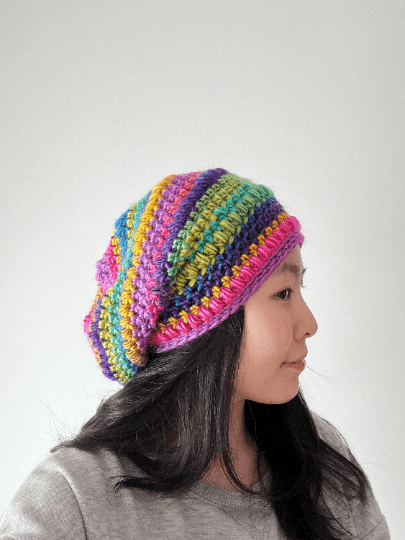 Crochet rainbow Slouchy Beanie | Bobble Beret | Slouchy Hat in bright vibrant pop candy colour| Knit beanie in rainbow mix | Knit winter hat - TuttyKnitty